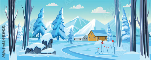 Winter forest background with trees, snowy fir trees, mountains, stones, driftwood and fields in the snow. Panorama of winter landscape. Vector banner.