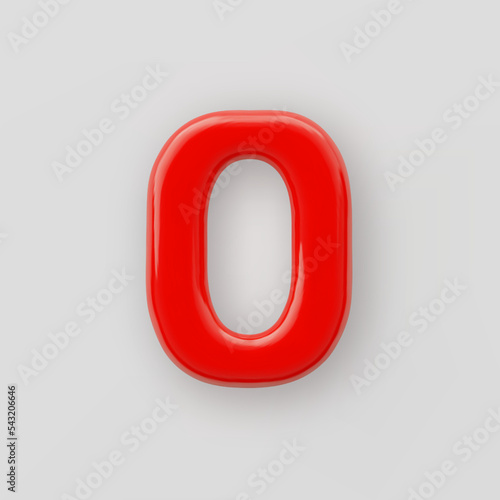 3D Red plastic number 0 with a glossy surface on a gray background.