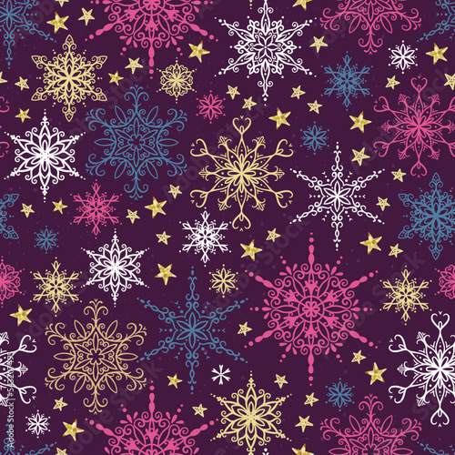 Beautiful hand drawn snowflakes seamless pattern  fragile winter background  great for textiles  banners  wallpaper  wrapping - vector design