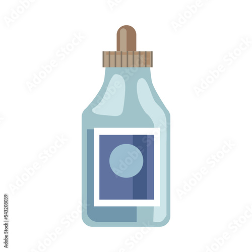 Blue dropper bottle of medicine with label cartoon illustration. Elixir with label against disease. Doctors prescription for cure. Pharmacy, health concept