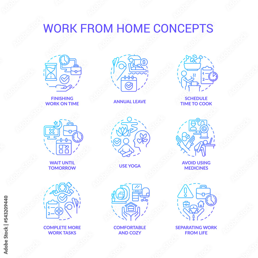 Work from home tips blue gradient concept icons set. Care of yourself. Burnout prevention idea thin line color illustrations. Isolated symbols. Roboto-Medium, Myriad Pro-Bold fonts used Work from home tips blue gradient concept icons set. Care of yourself. Burnout prevention idea thin line color illustrations. Isolated symbols. Roboto-Medium, Myriad Pro-Bold fonts used