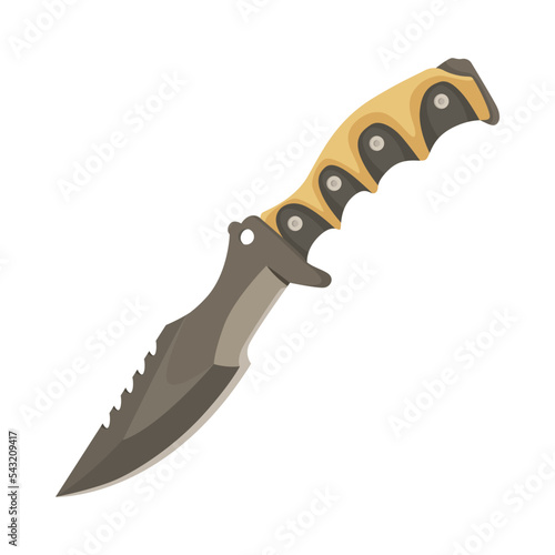 Black combat huntsman knife cartoon illustration. Warrior blade, hunting or military knife on white background. Weapon, protection concept