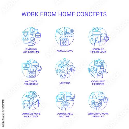 Work from home tips blue gradient concept icons set. Care of yourself. Burnout prevention idea thin line color illustrations. Isolated symbols. Roboto-Medium, Myriad Pro-Bold fonts used