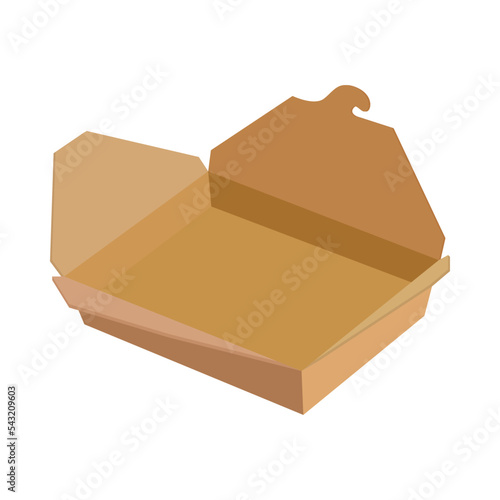 Carton rectangular opened shallow box for fast food vector illustration. Paper pack or disposable package for lunch or meal from cafe or takeaway isolated on white background. Food, packaging concept