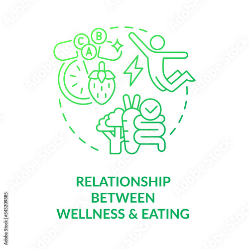 Relationship between wellness and healthy eating green gradient concept icon. Self health care. Nutrition tip abstract idea thin line illustration. Isolated outline drawing. Myriad Pro-Bold font used