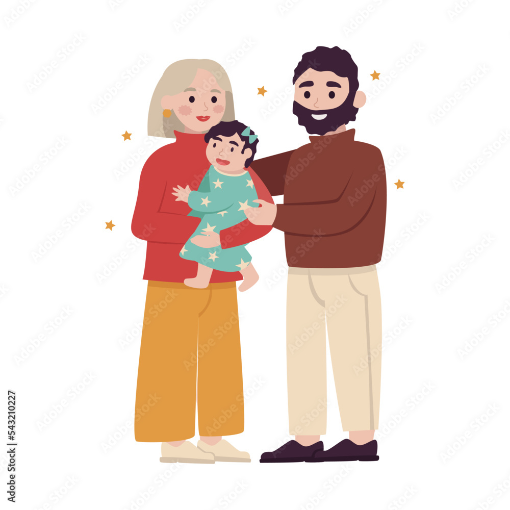 Mother and grandmother holding her son's baby. She is holding her granddaughter. Vector graphic.	