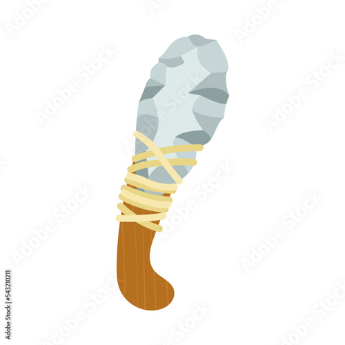 Ancient end scraper from wood and stone connected with rope vector illustration. Primitive equipment from stone and wood of prehistoric people or barbarians for hunting isolated on white background