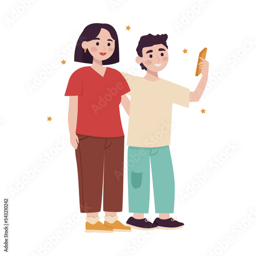 Mother and teen son take a selfie on the phone. Vector graphic.