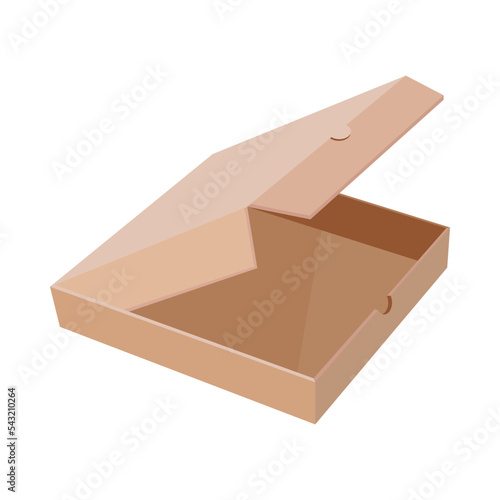 Carton opened pizza box for fast food vector illustration. Paper pack or disposable package for lunch or meal from cafe or takeaway isolated on white background. Food  packaging concept
