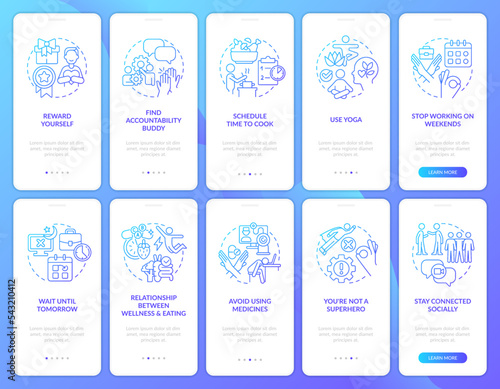 Employee mental health blue gradient onboarding mobile app screen set. Walkthrough 5 steps editable graphic instructions with linear concepts. UI, UX, GUI template. Myriad Pro-Bold, Regular fonts used