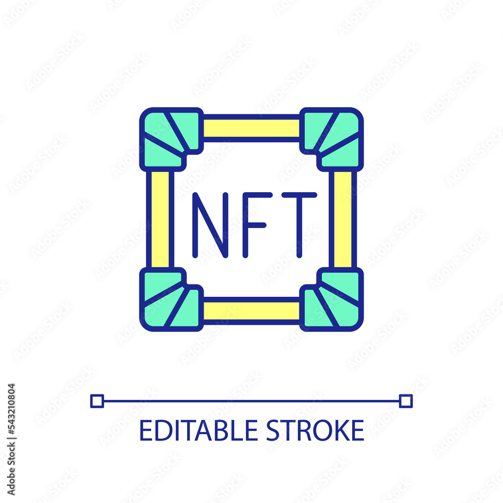 NFT asset RGB color icon. Art monetization. Sell and buy virtual item. Blockchain technology development. Isolated vector illustration. Simple filled line drawing. Editable stroke. Arial font used NFT asset RGB color icon. Art monetization. Sell and buy virtual item. Blockchain technology development. Isolated vector illustration. Simple filled line drawing. Editable stroke. Arial font used