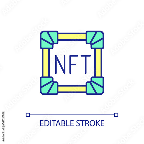 NFT asset RGB color icon. Art monetization. Sell and buy virtual item. Blockchain technology development. Isolated vector illustration. Simple filled line drawing. Editable stroke. Arial font used
