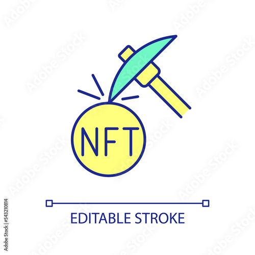 NFT mining RGB color icon. Get digital artefacts. Cryptocurrency transactions. Blockchain technology. Isolated vector illustration. Simple filled line drawing. Editable stroke. Arial font used