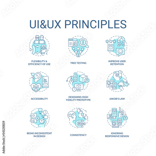 UI UX principles turquoise concept icons set. Interaction design fundamentals idea thin line color illustrations. Isolated symbols. Editable stroke. Roboto-Medium, Myriad Pro-Bold fonts used