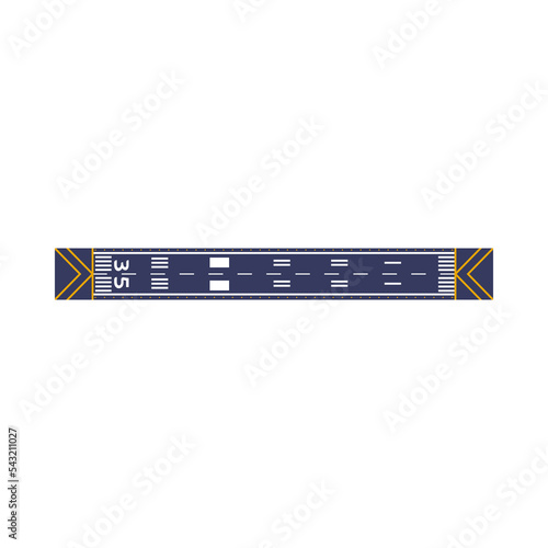 Airport single straight runway with markup for landing airplane cartoon illustration. Top view of aircraft, jet or plane takeoff strip. Aviation, flight, travel, transportation, arrival concept