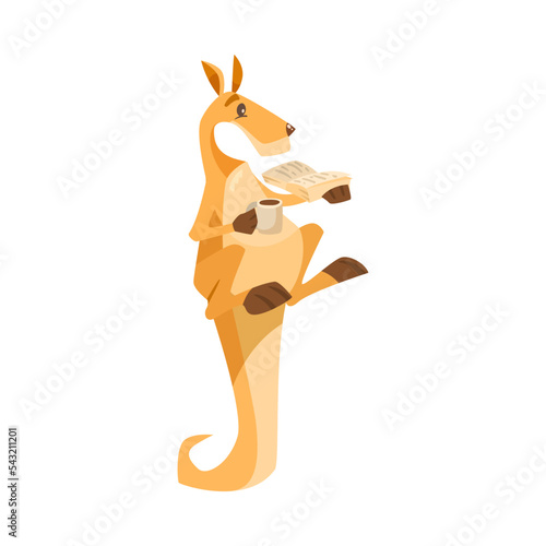 Cute kangaroo reading book cartoon character vector illustration. Comic animal with pouch from Australia isolated on white background. Wildlife concept