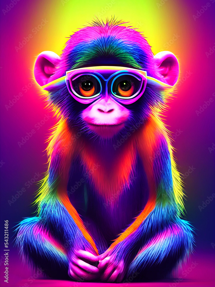 Cute Neon colors animal illustration, Baby Monkey, Adorable ape animal, Nursery decoration, Kitsch art
