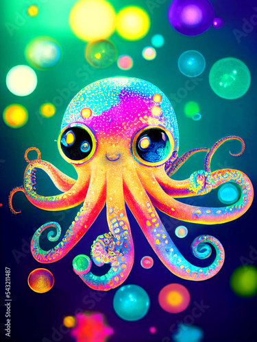 Cute Neon colors animal illustration, Baby octopus, Adorable octopus animal, Nursery decoration, Kitsch art