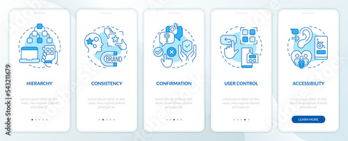 User experience design factors blue onboarding mobile app screen. Walkthrough 5 steps editable graphic instructions with linear concepts. UI, UX, GUI template. Myriad Pro-Bold, Regular fonts used