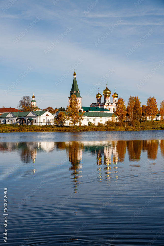 Valday Iversky Monastery reflected in water of the Valdai Lake. Novgorod region, Russia
