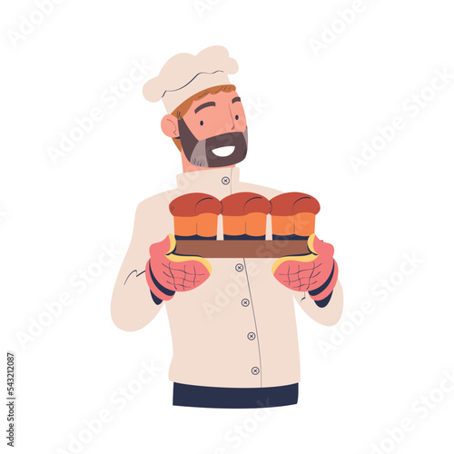 Bearded Man Baker in Toque Holding Freshly Baked Bread Vector Illustration