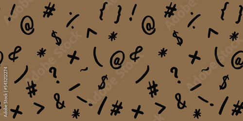 pattern with the image of keyboard symbols. Punctuation marks. Template for applying to the surface. warm brown background. Horizontal image. Banner for insertion into site.