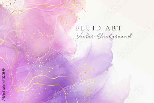 Violet lavender liquid watercolor marble background with golden lines. Pastel purple periwinkle alcohol ink drawing effect. Vector illustration design template for wedding invitation, menu, rsvp