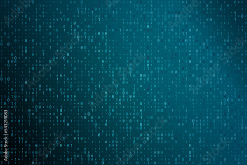 Blue digital data matrix of binary code numbers isolated on a dark background. Technology, coding, or big data concept. Vector illustration