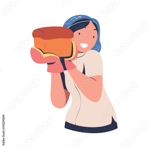 Woman Baker Holding Freshly Baked Bread with Potholder Vector Illustration