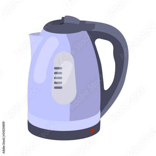 Modern electric kettle cartoon illustration. Colorful plastic kettle for boiling water. Household, kitchen utensils, decoration, teatime concept