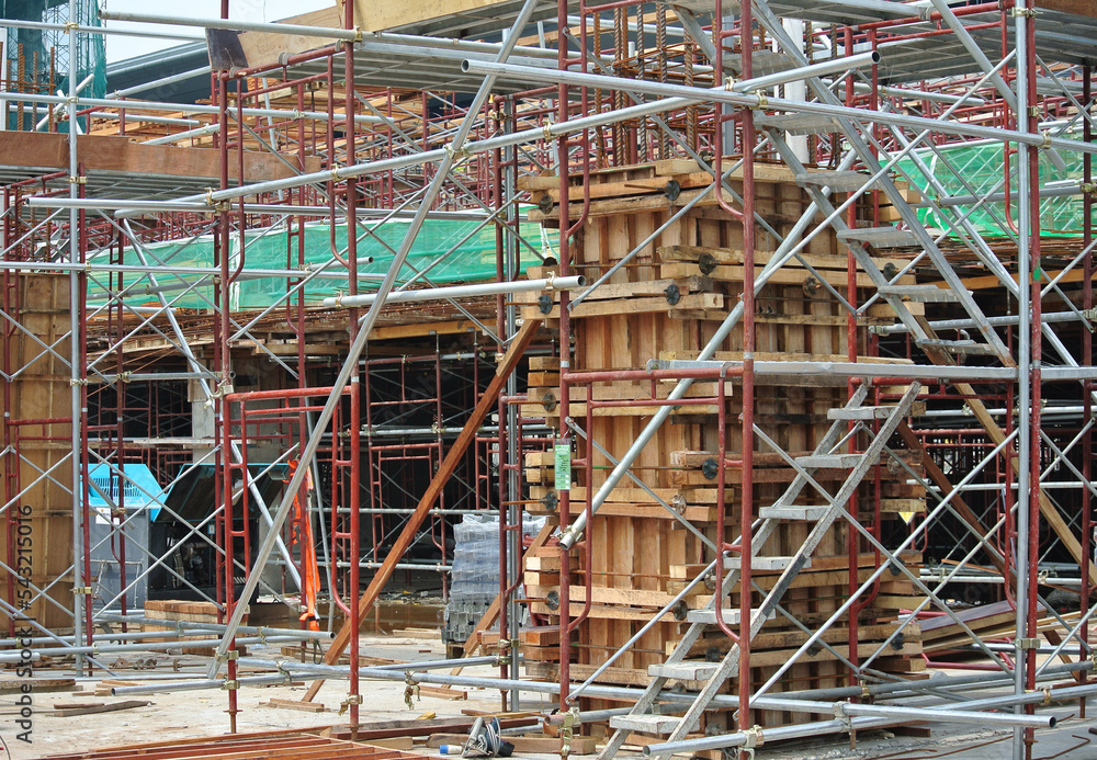 MALACCA, MALAYSIA -APRIL 26, 2016: Column form work made from timber and plywood fabricated at the construction site by workers. 