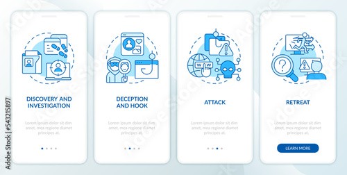 Stages of cybercrime attacks blue onboarding mobile app screen. Walkthrough 4 steps editable graphic instructions with linear concepts. UI, UX, GUI template. Myriad Pro-Bold, Regular fonts used