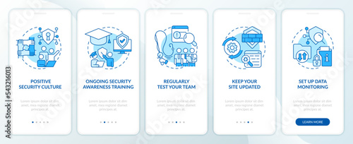 Business cybersecurity tips blue onboarding mobile app screen. Safety walkthrough 5 steps editable graphic instructions with linear concepts. UI, UX, GUI template. Myriad Pro-Bold, Regular fonts used