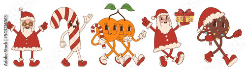 Cool christmas retro cartoon characters. Santa, christmas tree, chocolate cookie, candy cane, tangerines. 