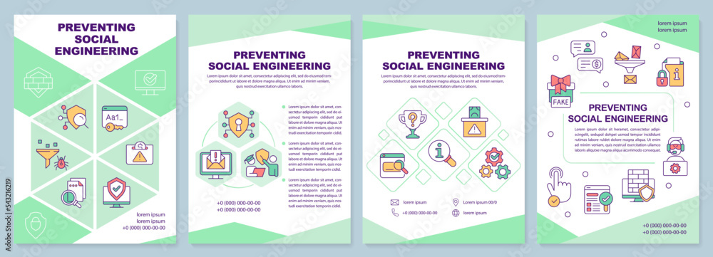 Preventing social engineering green brochure template. Safety. Leaflet ...