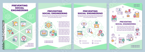 Preventing social engineering green brochure template. Safety. Leaflet design with linear icons. Editable 4 vector layouts for presentation, annual reports. Arial-Black, Myriad Pro-Regular fonts used