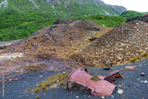 abandoned moskogaisa mine in northern norway, remnants of metal deposits in an abandoned mine; mining industry in the arctic, natural resource deposits