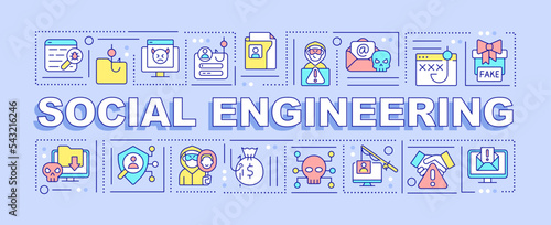 Social engineering word concepts blue banner. Cybercrime attacks. Infographics with editable icons on color background. Isolated typography. Vector illustration with text. Arial-Black font used