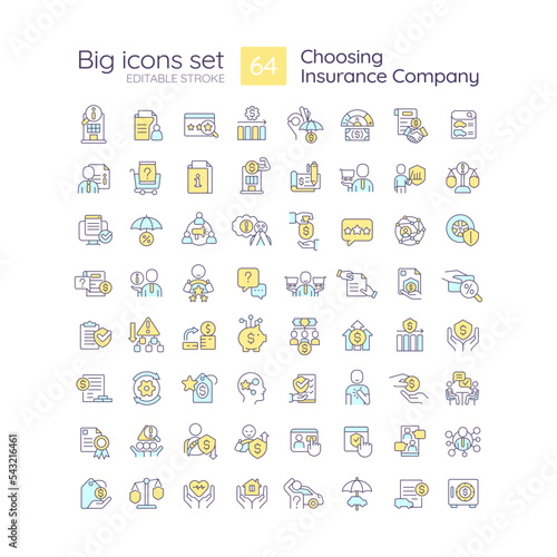 Choosing insurance company RGB color icons set. Policyholders benefits. Coverage. Isolated vector illustrations. Simple filled line drawings collection. Editable stroke. Quicksand-Light font used