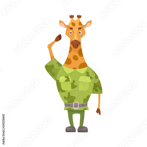 Cute giraffe character in camouflage cartoon illustration. Serious animal soldier in military uniform saluting officer. Army, zoo, warrior concept