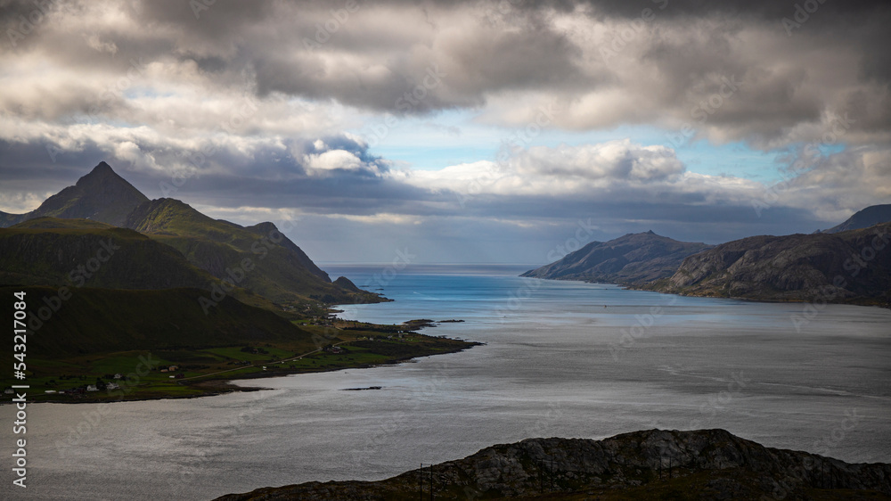 panorama of lofoten islands as seen from the famous offersoykammen trail, norway, mighty mountains above the sea in the norwegian fjords