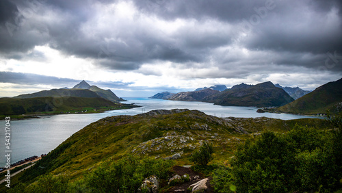 panorama of lofoten islands as seen from the famous offersoykammen trail, norway, mighty mountains above the sea in the norwegian fjords
