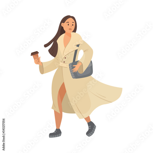 Busy woman in hurry with coffee in white coat cartoon illustration. Businesswoman going to work. Occupation concept