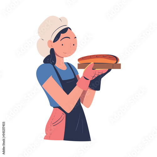 Woman Baker in Toque and Apron Holding Freshly Baked Bread Vector Illustration