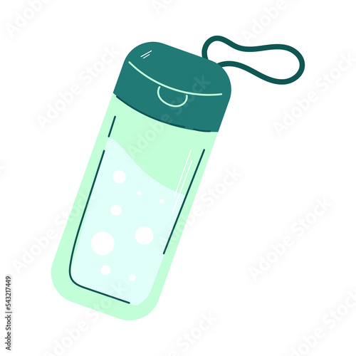 Green bottle of water with string against sunburn vector illustration. Sun safety and cartoon drawing of bottle on white background. Summer, vacation, health, protection concept