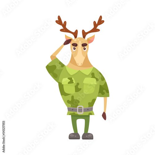 Cute deer character in camouflage cartoon illustration. Serious animal soldier in military uniform saluting officer. Army, zoo, warrior concept