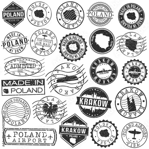 Kraków, Poland Set of Stamp. Vector Art Postal Passport Travel Design. Travel and Business Seals.
