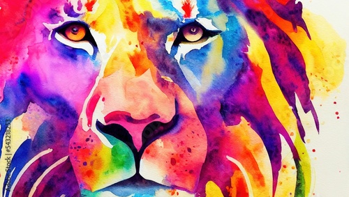 AI-generated digital art of colorful watercolor lion portrait
