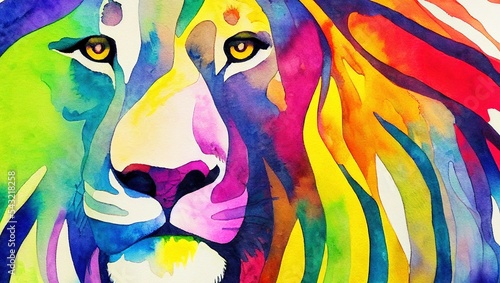 AI-generated digital art of colorful watercolor lion portrait