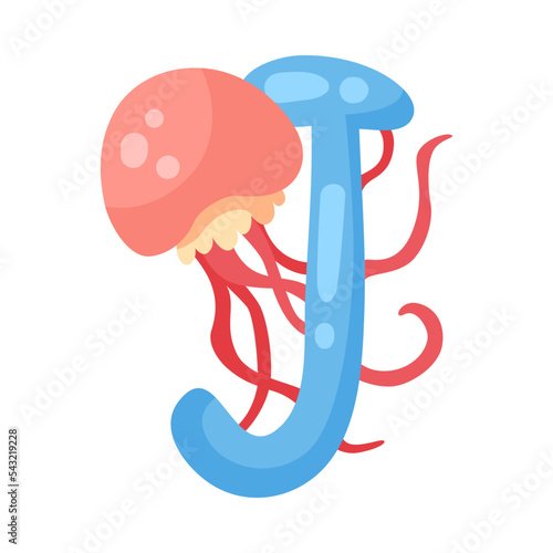 Jellyfish character with alphabet letter j vector illustration. Cute comic animal with ABC for preschool children book isolated on white background. Education concept